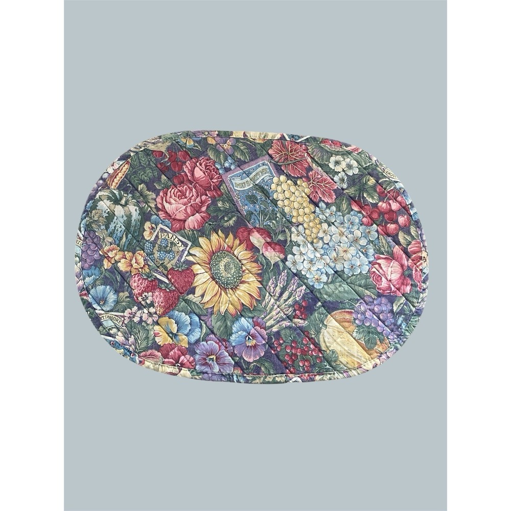 Vintage Set-of 4 Cloth Quilted‎ Placemats Fresh Market Veggie Fruit Double Sided